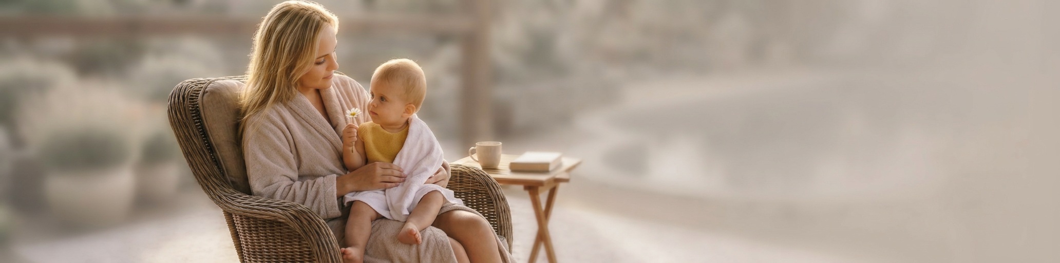 Mutter mit Baby mit Gänseblümchen